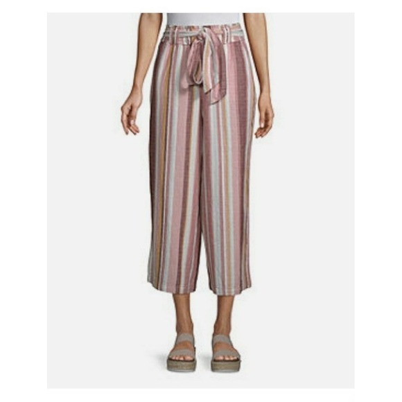 a.n.a Linen Blend Pants Belted Cropped Wide Leg Stripe S Coastal Resort Beach - Picture 2 of 12